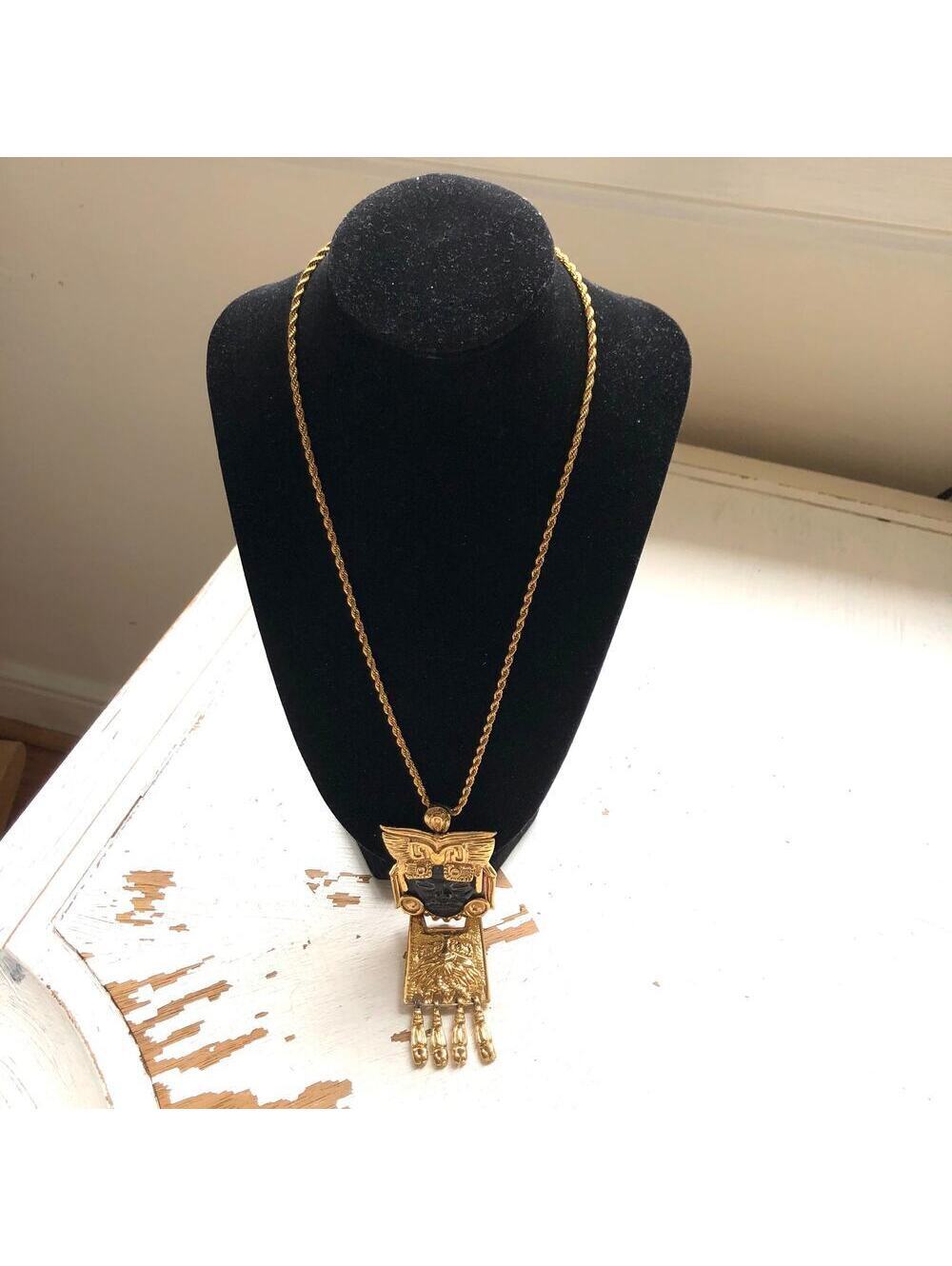 Vintage Rare Salvador Teran Marbel Mexico Signed Aztec Warrior Pendant Necklace